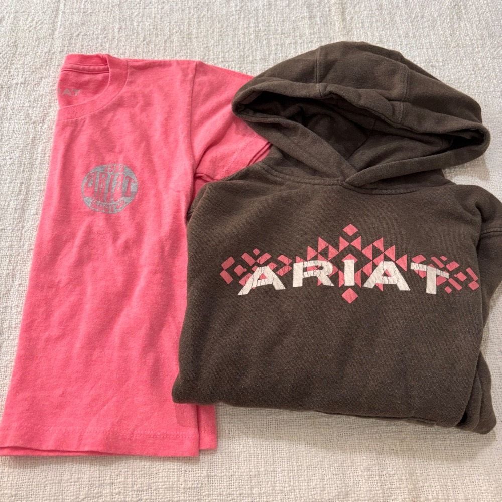 Ariat Girls Hoodie and T-Shirt Bundle Brown Pink Graphic Logo Size XS 7